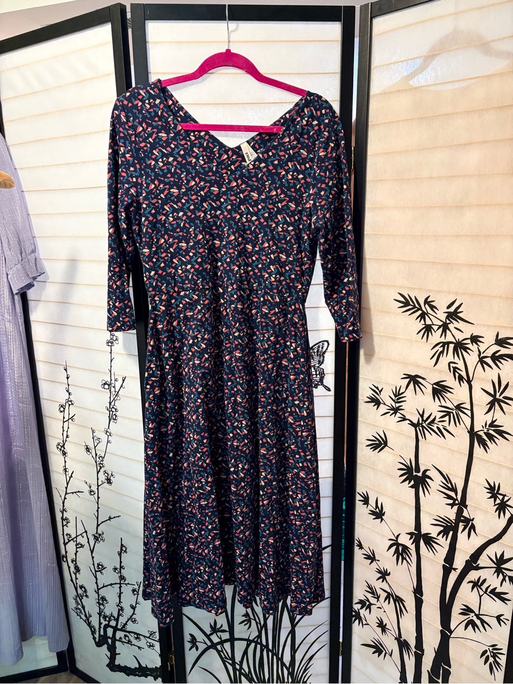 PACT Navy geometric print A-Line Dress 3/4 sleeve V Neck euc